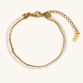 Pulsera de doble capa de acero inoxidable bañada en oro de 18K con cuentas blancas - Estilo Jade Blanco