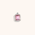 Minimalist square pink gemstone pendant with silver stainless steel border and ring - October (Rose Pink) / Steel