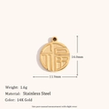 Pendentif rond en acier doré 14K avec caractère Fu chinois, largeur 11,9mm et poids 1,6g - Pendentif Disque Double Face Fu