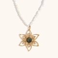 Vintage 18K gold plated flower pendant necklace with green stone and white beads - Gold-White