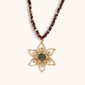 Bohemian beaded necklace with golden petal pendant and green natural stone center - Gold Brown