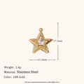 Macro view of 14K gold plated stainless steel star pendant with measurement details - Rhinestone Pentagram (C9154) / Gold