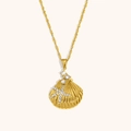 Golden shell and starfish pendant necklace with crystal accents on water wave chain - Gold Starfish Shell Pendant