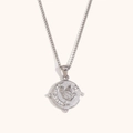 Silver-toned coin necklace featuring an embossed bird and crescent moon pendant - Round Zirconia Tarot Necklace - Steel Color - Bird
