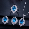 Elegante set gioielli da sposa con gemme blu ovali e design a foglia argento con collana - Numero 7 / Acqua
