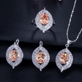 Nahaufnahme des champagnerfarbenen Zirkon-Schmucksets mit Halskette, Ohrringen und Ring - Zahl 7 / Champagner
