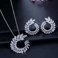 Silver jewelry set with marquise-cut zircon stones featuring a leaf-shaped necklace and earrings - White Zirconia Platinum Plated Set