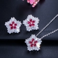 Elegant floral jewelry set with red zircon stones and crystal necklace and earrings - Red Petal Style / Red