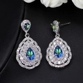 Elegant pear shaped drop earrings with rainbow halo crystals and gold plated settings - Iridescent Blue