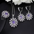 Etnische retro zonnebloem sieradenset met paarse zirkoon ketting, ring en oorbellen - Maat 6 / Violet Blauw