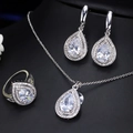 Elegant silver necklace ring and earrings set with pear cut clear cubic zirconia stones - White