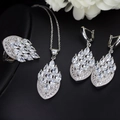Elegant silver bridal jewelry set with marquise zircon necklace, earrings and open ring - White