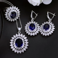 Detailed view of sunflower jewelry set featuring deep blue zircon and silver finish - Sapphire Blue