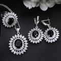 Detailed set of sunflower jewelry with black oval stones and white cubic zirconia - Black