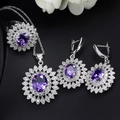 Zilveren zonnebloem sieradenset met paarse zirkoon ketting ring en oorbellen set - Maat 6 / Violetblauw