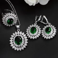 Sunflower silver jewelry set with emerald oval gemstones including ring necklace earrings - Green