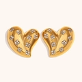 Detail of 18K gold-plated heart stud earrings with sparkling white zircon floral inlay - Gold Rhinestone Heart Stud Earrings