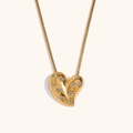 18K gold plated heart pendant necklace with shimmering zircon flower on snake chain - Gold Rhinestone Heart Pendant Necklace
