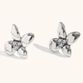 Elegant silver four-petal flower stud earrings with sparkling zirconia in polished finish - White Zirconia Flower - Steel Color