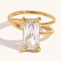 Anello doppio strato in acciaio placcato oro 18K con zircone rettangolare taglio a gradini - US 6 / Stile Taglio Smeraldo Asimmetrico Doppio Strato - Oro & Bianco