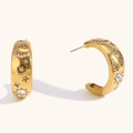 Chic 18K gold-plated C-shaped earrings with celestial star and moon zircon engravings - Stud Earrings / Star Moon Earrings - Gold
