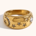 Vintage 18K gold plated wide band ring with inlaid zircon moon and stars - US 6 / White Rhinestone Star Moon Ring - Gold - Size 6