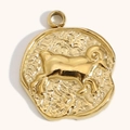 Vintage 18K gold plated stainless steel coin necklace with embossed Aries ram pendant - Aries