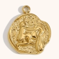 18K gold plated stainless steel Aquarius zodiac coin pendant with hammered texture - Aquarius