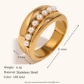 18K gold plated wide stainless steel ring featuring 8 elegant white pearls in a row - Pearl Row Wide Stainless Steel Ring (R5058) / Gold / Size 6