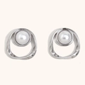 Irregular hollow silver stud earrings with round white pearls in minimalist design - Irregular Round Hollow Artificial Pearl Studs - Steel Color