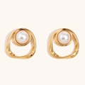 Elegant 18K gold-plated irregular round earrings featuring central white pearls - Irregular Round Hollow Artificial Pearl Studs - Gold