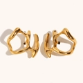 Abstract asymmetric mask earrings in 18K gold-plated stainless steel with fluid metal texture - Symmetrical Abstract Mask Studs - Gold
