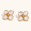 Elegant 18K gold-plated four-petal flower stud earrings with white pearlescent inlay - White Flower Stud Earrings - Gold