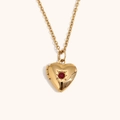 Collier médaillon cœur en acier inoxydable plaqué or 18K avec pierre de naissance rouge - Février Rouge Foncé