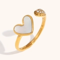 18K gold plated stainless steel open ring with white heart shell and pavé crystal ball - Gold Shell Heart Open Snake Ring