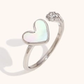 Silver snake ring with heart-shaped mother of pearl and shimmering zircon details - Silver Shell Heart Open Snake Ring