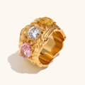 Irregular lava texture gold ring with yellow white and pink round cubic zirconia - US 6 / Irregular Deep Pattern Multicolor Ring (Gold Color)