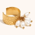 Vintage 18K gold plated hammered texture open ring featuring elegant pearl tassels - Pearl Tassel Hammered Texture Open Ring - Gold