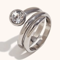 Silver spiral open ring with double-layer design and a brilliant round-cut white stone - Double Snake Round Rhinestone Ring - Steel Color