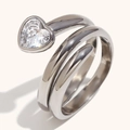 Anillo en espiral de tres capas en acero inoxidable plateado con circonita blanca - US 6 / Anillo de Strass de Corazón de Serpiente Doble - Color Acero