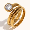 Elegant 18K gold-plated stainless steel triple spiral ring with a round bezel-set zircon - Double Snake Round Rhinestone Ring - Gold