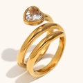 Anillo de espiral de doble capa chapado en oro de 18K con cristal blanco de corazón - US 6 / Anillo de Strass de Corazón de Serpiente Doble - Dorado