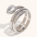 Three-layer wrap silver stainless steel ring with a pear-cut white zircon stone - Double Snake Long Heart Rhinestone Ring - Steel Color