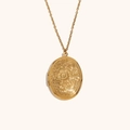 Oval locket necklace in 18K gold plated finish with detailed floral relief design - Daisy Locket Necklace-Gold
