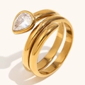 Double-layered 18K gold plated stainless steel ring with pear-cut zircon stone - Double Snake Long Heart Rhinestone Ring - Gold