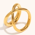 Polished 18K gold plated stainless steel double layer X-shaped crossover ring - Cross Lines Double Ring - Gold