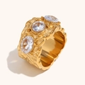 Retro hammered gold ring for women with three round clear sparkling cubic zirconia stones - US 6 / Irregular Deep Pattern White Stone Ring (Gold White)