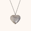 Silver vintage heart locket necklace with floral engraving and 18K plating finish - Large Heart Locket (Floral Relief) / Silver