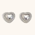 Polished silver heart stud earrings with twisted rope border and vintage aesthetic style - Twist Border Heart Earrings - Silver Tone