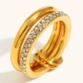 Classic double-layer 18K gold plated ring with paved crystals in minimalist design - US 6 / Gold